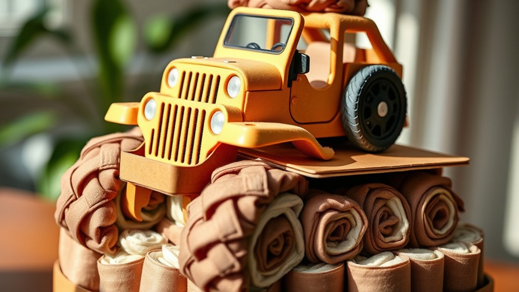 jeep themed diaper cake assembly